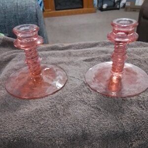 Vintage pink depression glass candle stick holders wheat desin on foot